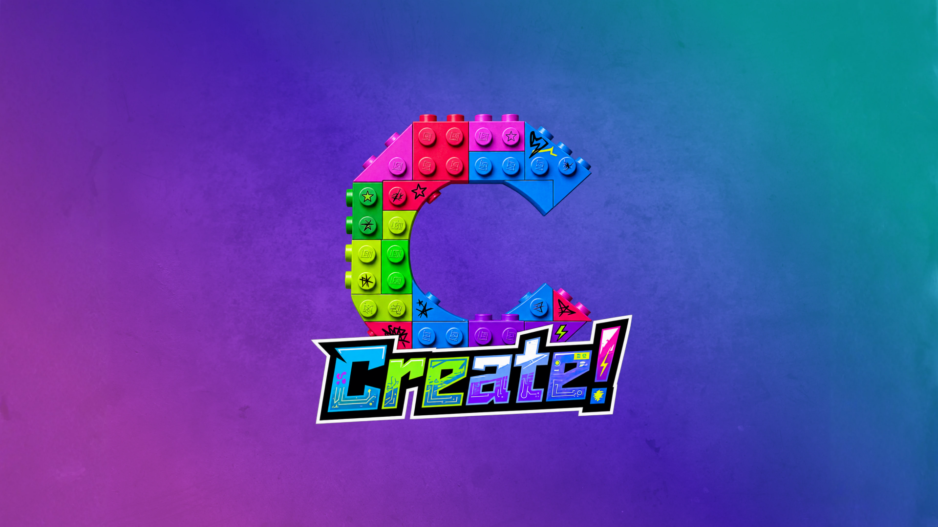 Create! logo centred on the purple and blue textured backdrop.